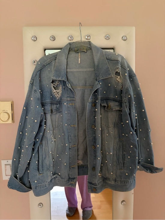 Free People Jackets & Blazers - Free People Light Blue Distressed Pearl-Studded Denim Jacket